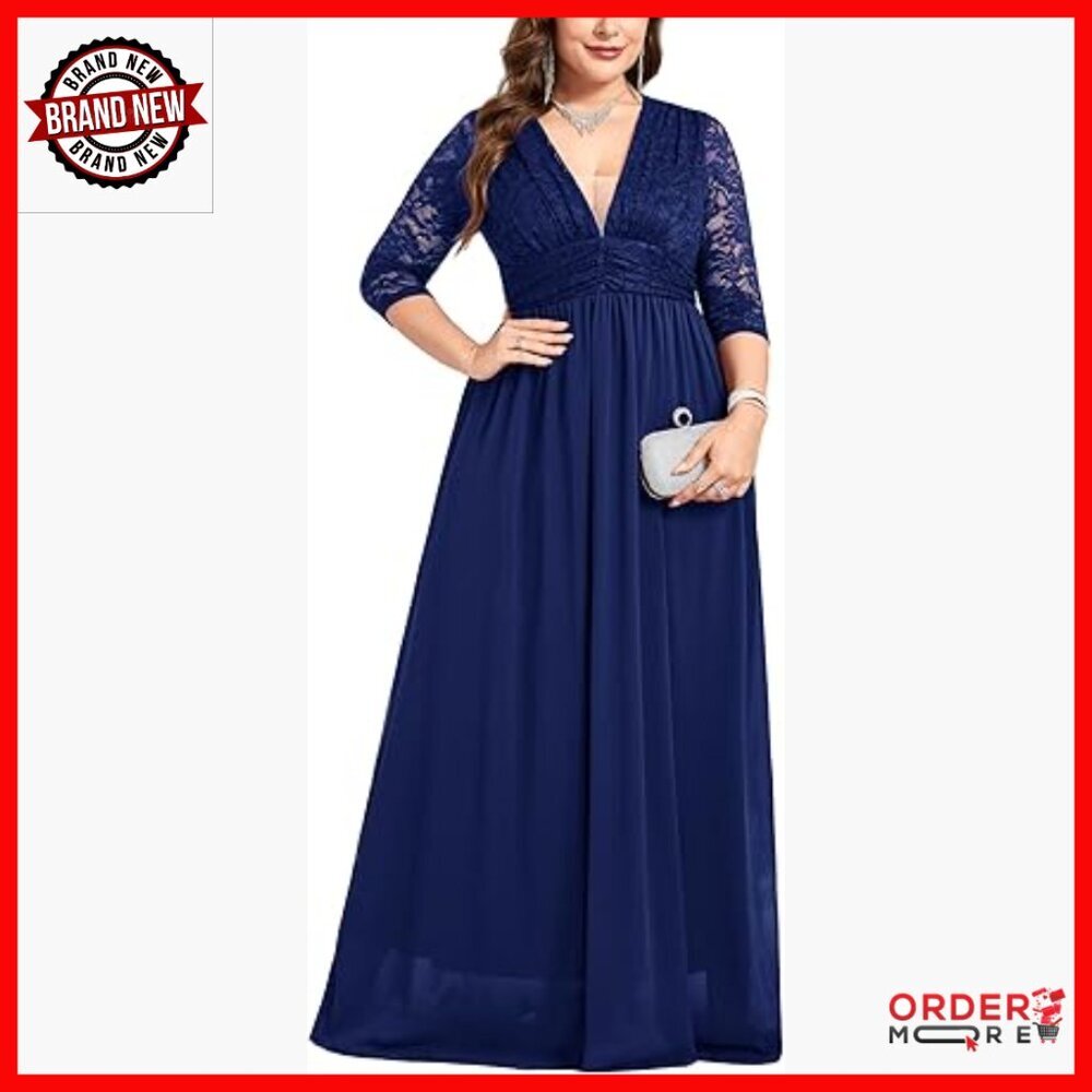 Plus Size Maxi Dress Deep V-Neck Lace Chiffon Formal Evening Gown
